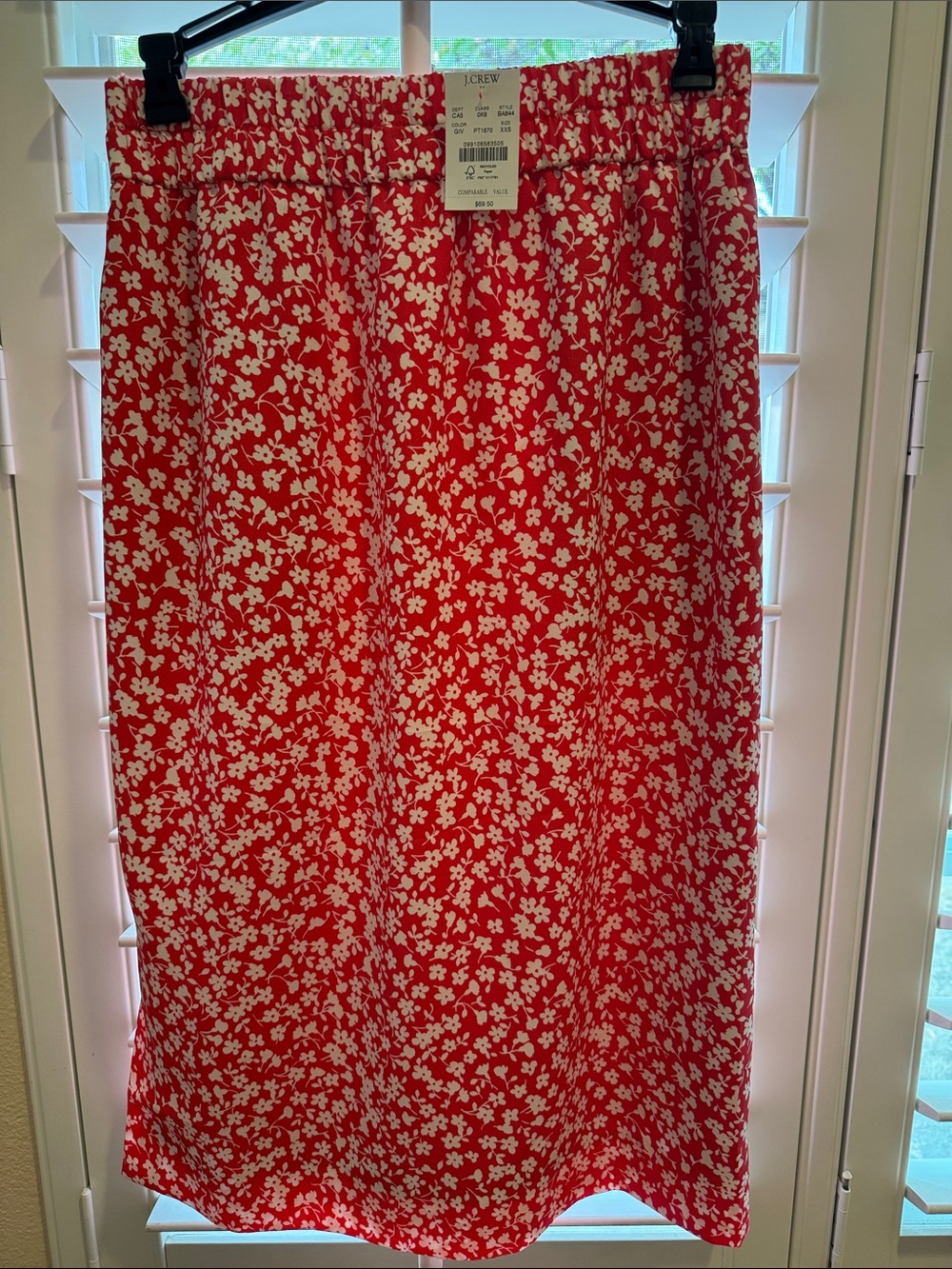 J. Crew Red and White Floral Midi Skirt. Fully lined with one side slit.